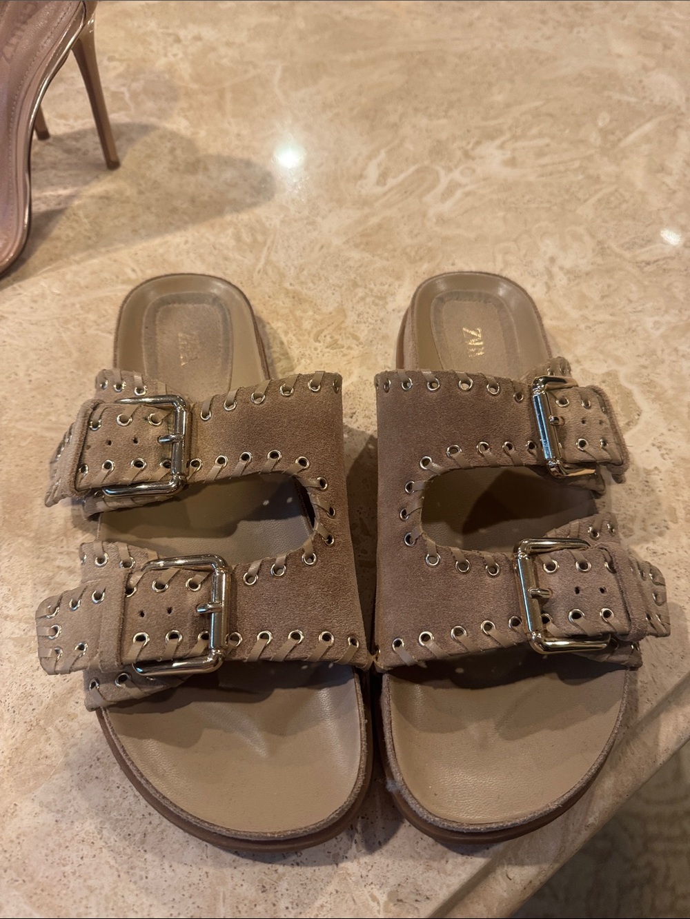 Zara Taupe Suede Double-Buckle Slide Sandals